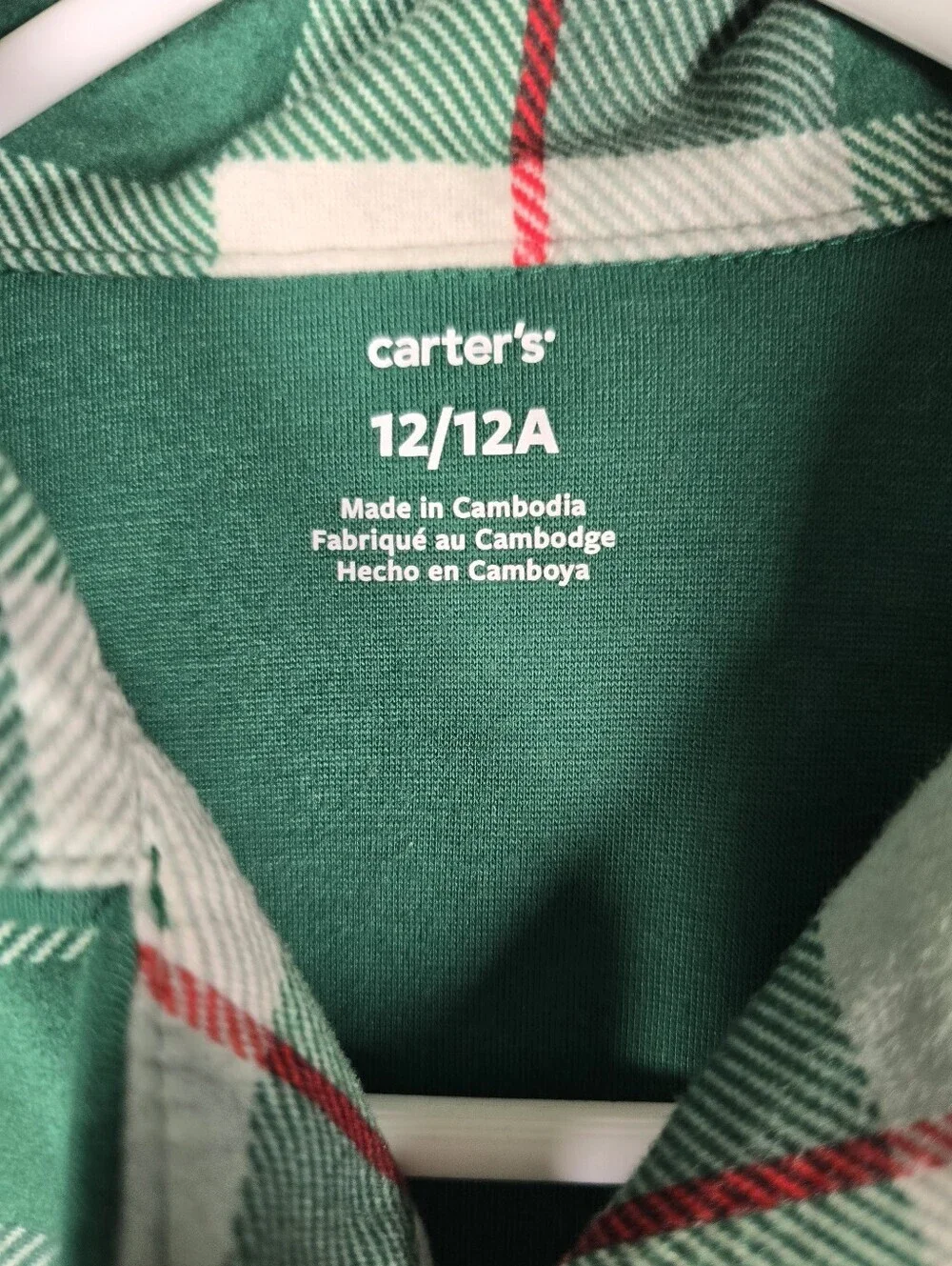 NWOT Carter's Green, Red and White Plaid Button-Front Pajama Set Boys Size 12